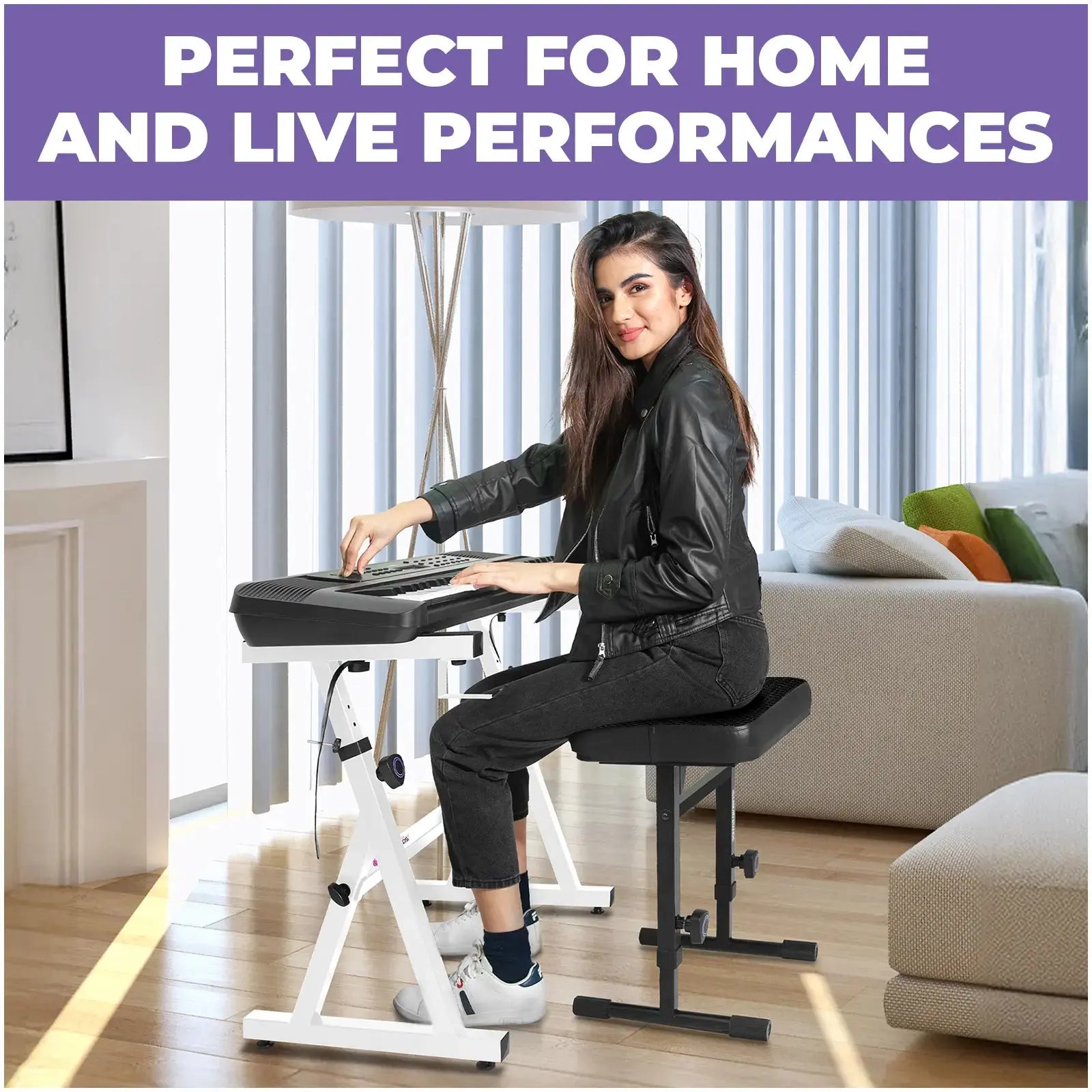 White Adjustable Z Style Keyboard Stand w/ Mesh Cushion Bench