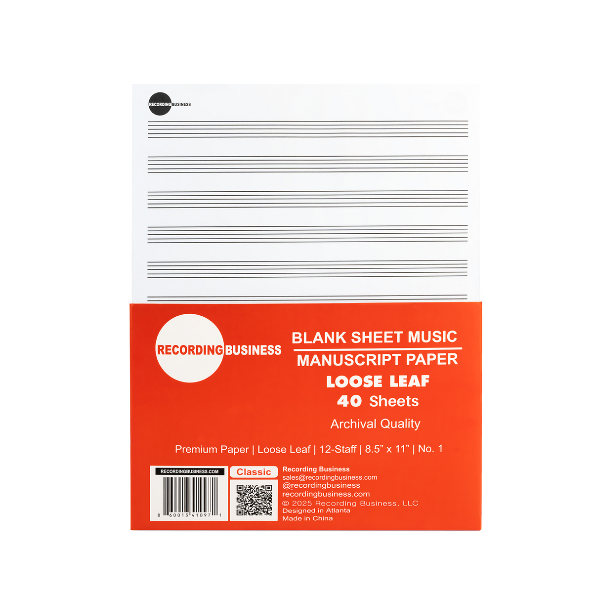 Blank Sheet Music - Manuscript Paper (40 Sheets) LOOSE LEAF 12-Staff Paper