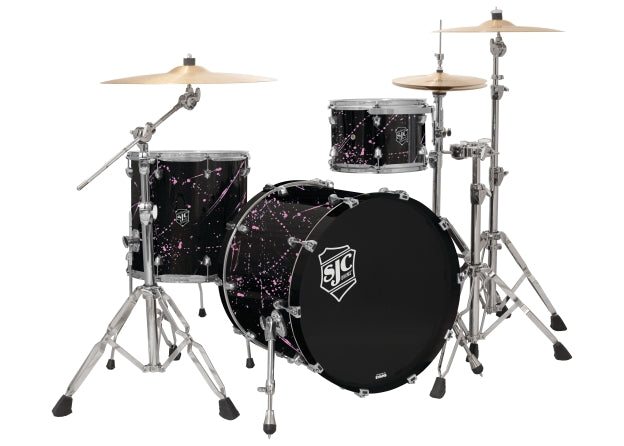 Navigator 3-Piece Kit 8″ x 12″, 16″ x 16″, 18″ x 22″ Black with Pink Splatter satin stain finish SJC Drum Sets Drums