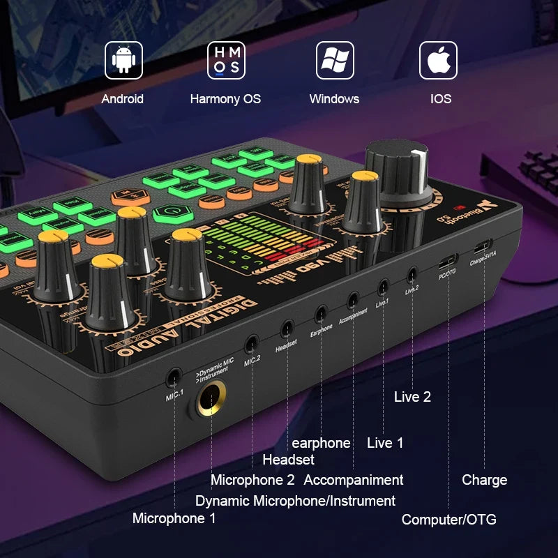 Gaming Audio Mixer,Streaming Mixer with Audio Interface BT Sound Board Voice Changer Sound Card,for PC Phone Live Streaming