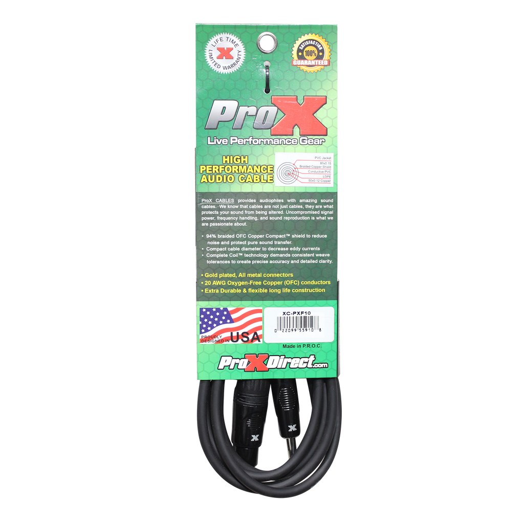 ProX 10 Ft. Unbalanced 1/4" TS to XLR3-F High Performance Audio Cable