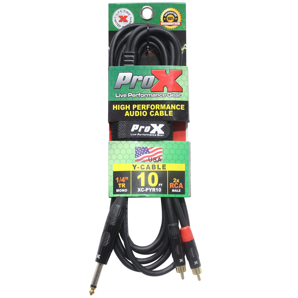 ProX 10 Ft. Unbalanced 1/4" TS-M to Dual RCA-M High Performance Audio Y Cable