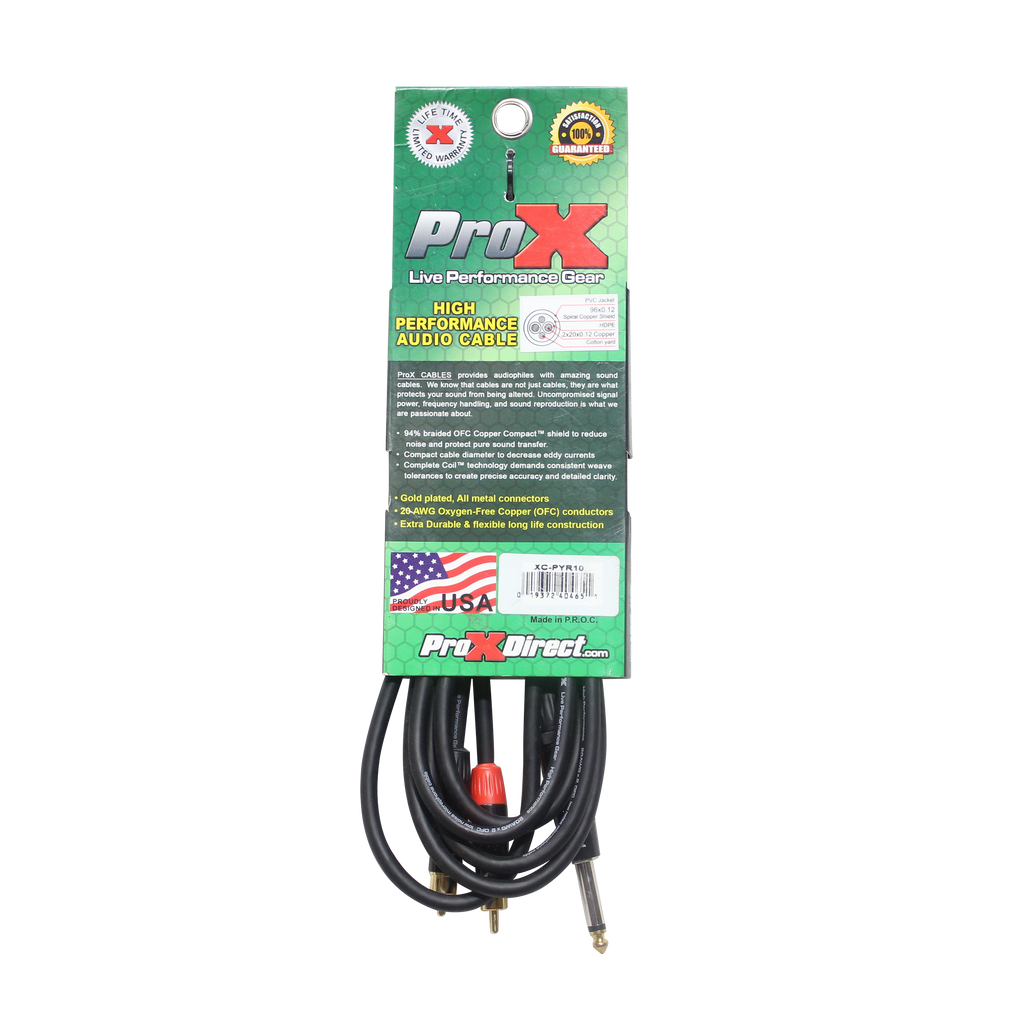 ProX 10 Ft. Unbalanced 1/4" TS-M to Dual RCA-M High Performance Audio Y Cable