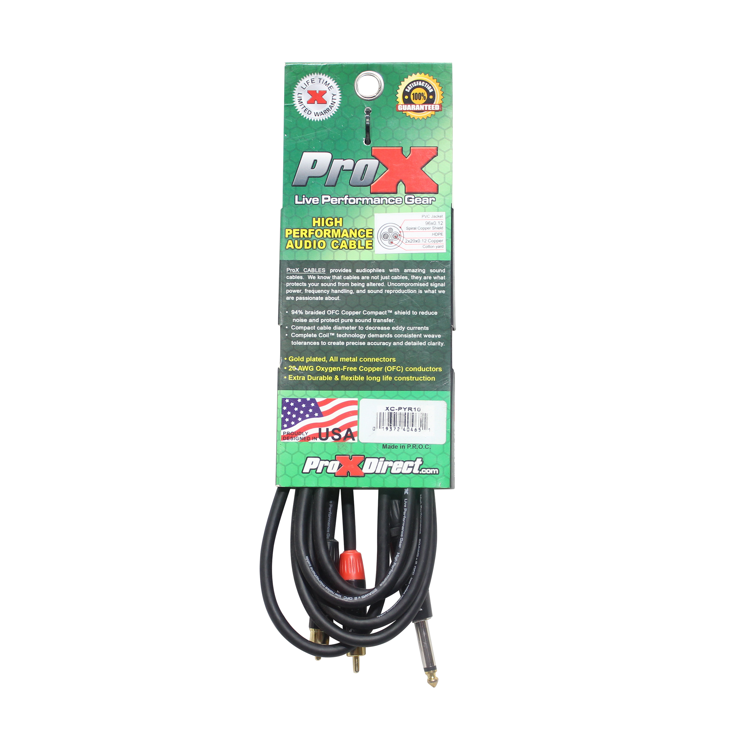 ProX 10 Ft. Unbalanced 1/4" TS-M to Dual RCA-M High Performance Audio Y Cable