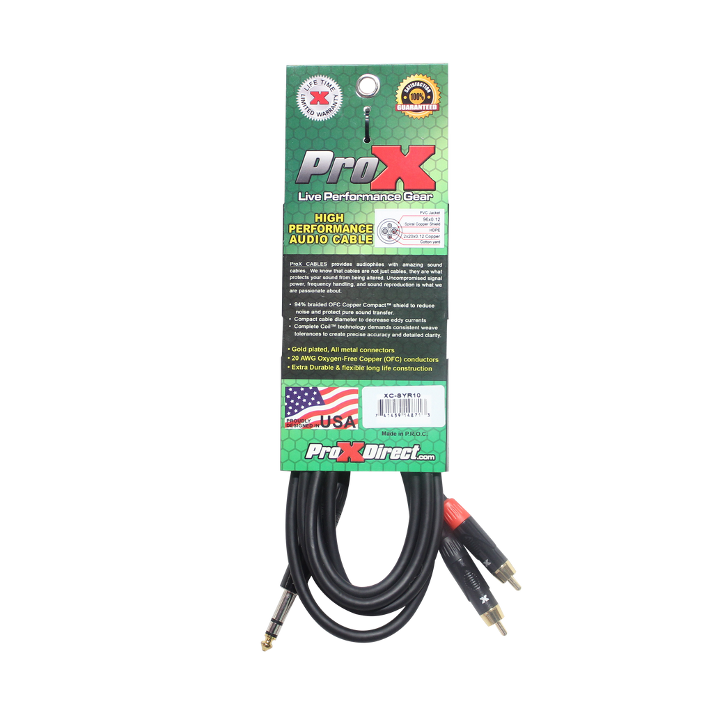 ProX 10 Ft. Unbalanced 1/4" TRS-M to Dual RCA-M High Performance Audio Cable