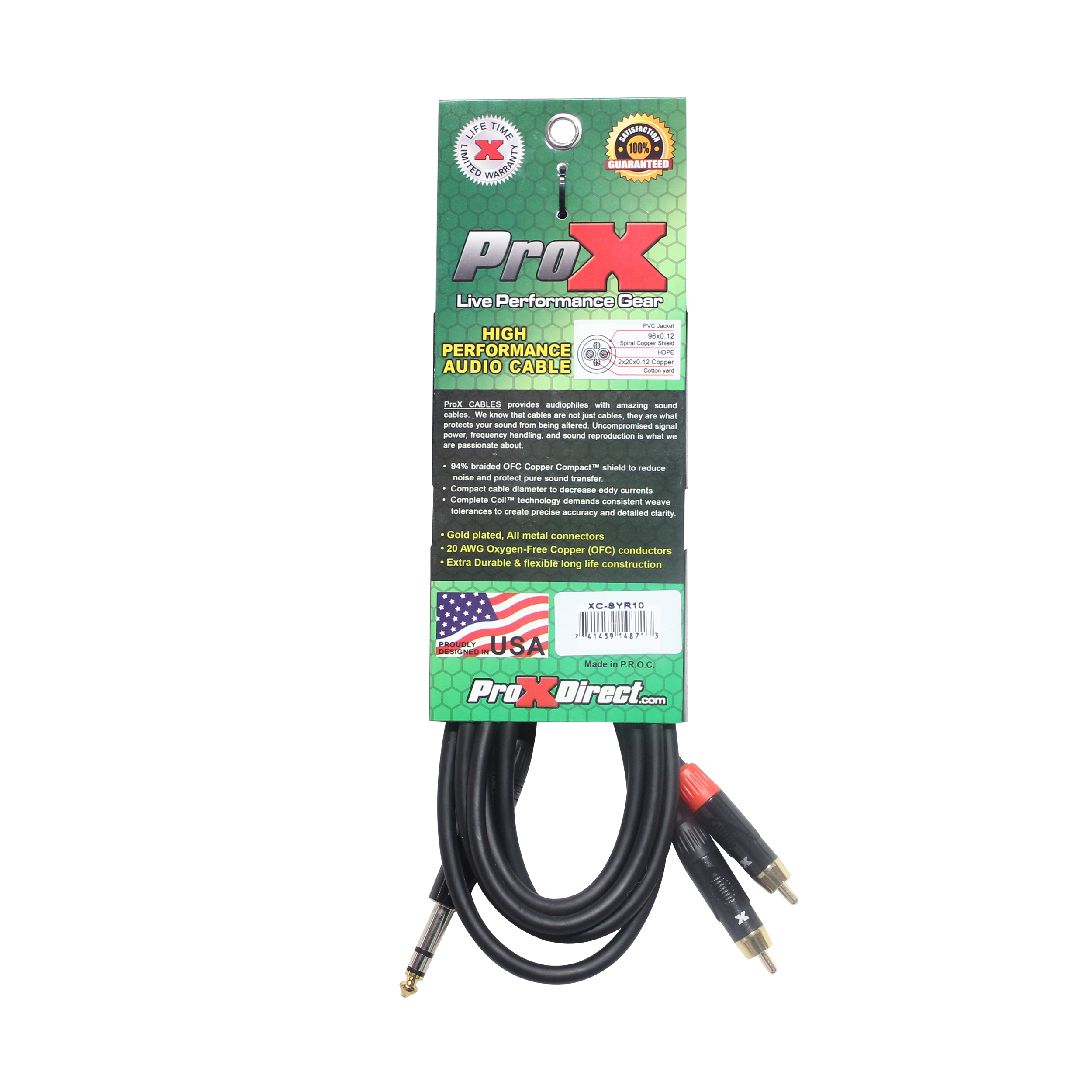 ProX 10 Ft. Unbalanced 1/4" TRS-M to Dual RCA-M High Performance Audio Cable