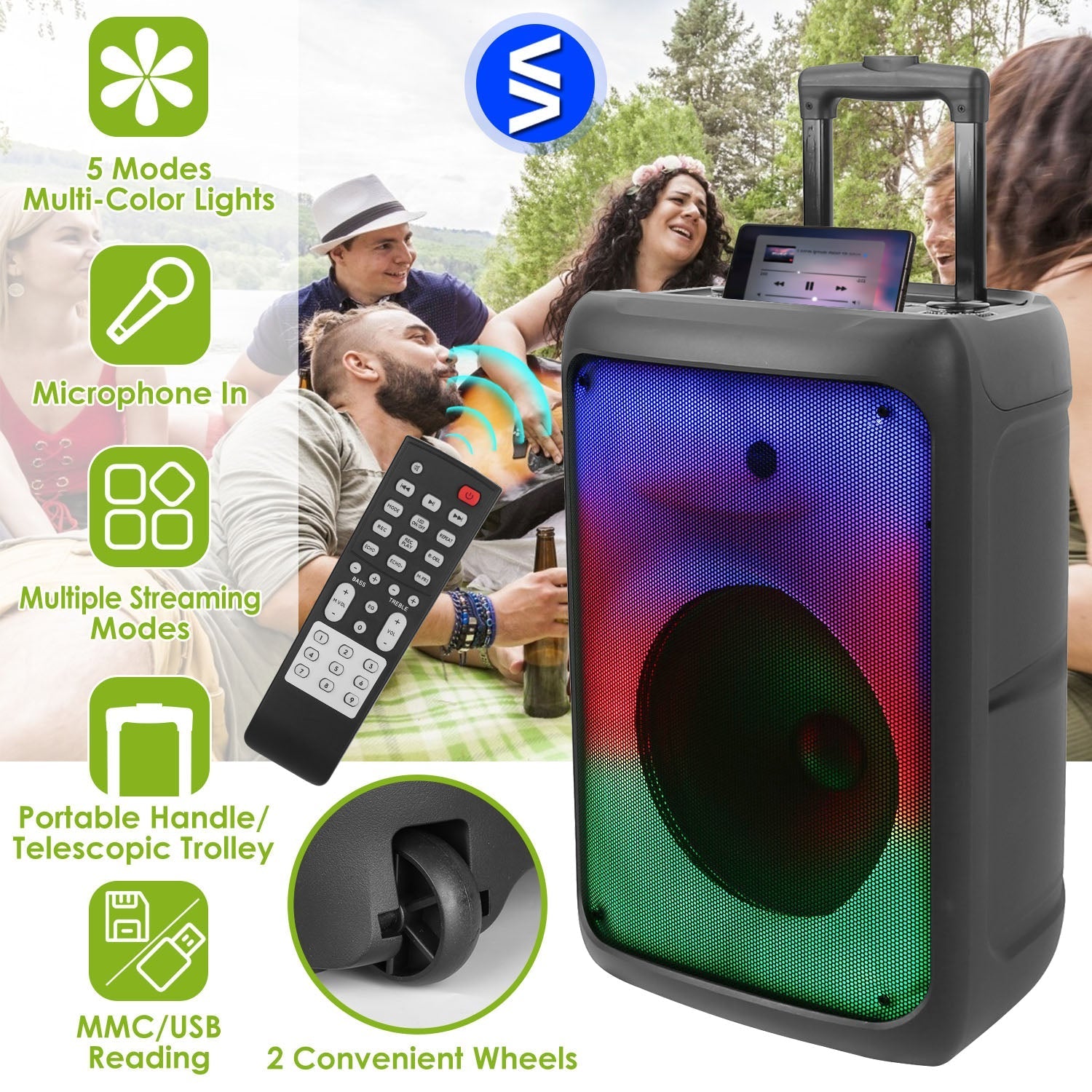Portable Wireless Party Speaker Party Speaker with with 5 Colorful Lighting Modes TWS FM USB MMC Slot Aux In Recording Mic Priority Trolley Handle 2 W