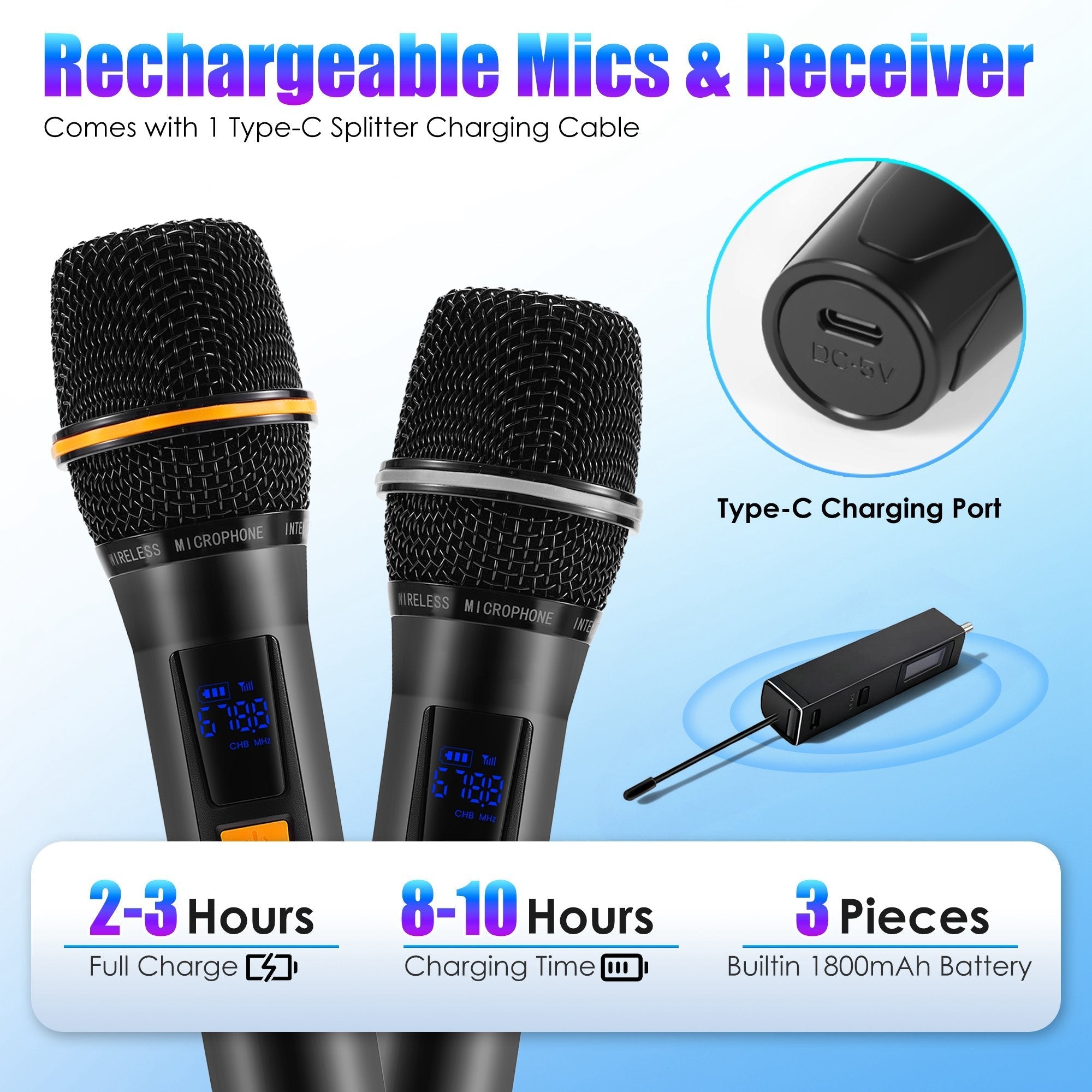 UHF Rechargeable Wireless Microphones | Metal Handheld Mics with 262FT Range