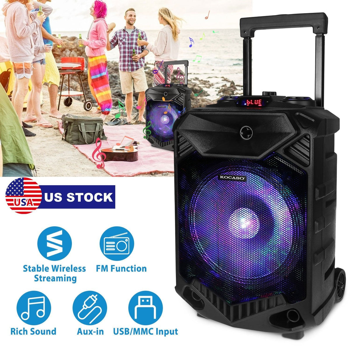 Wireless Party Speaker 12in Woofer Bass Party Speaker w/ Cordless Microphone FM Radio USB Reading MMC Car Slot Aux-In Flashing LED Colorful Lights
