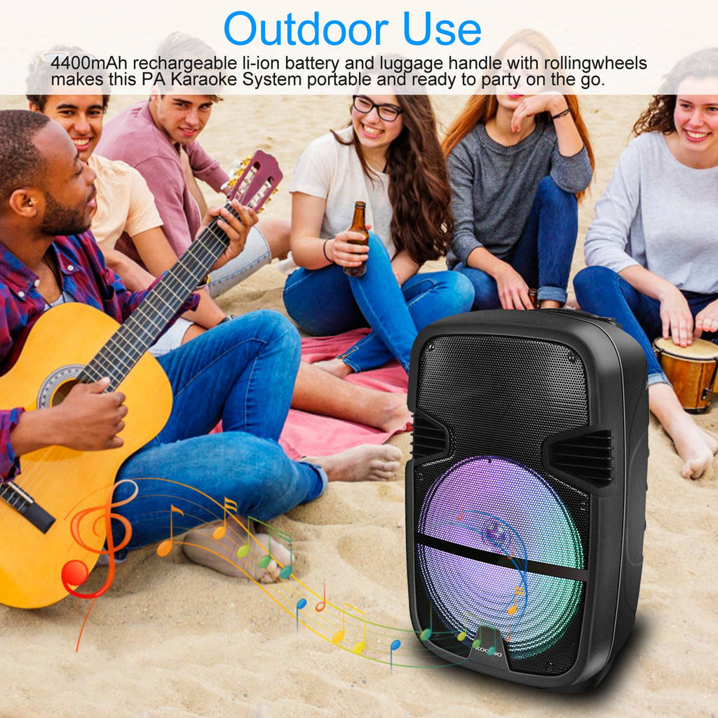 KOCASO Wireless Speaker Portable PA Karaoke System with 15" Subwoofer FM Radio Wired Microphone w/ DJ Lights Remote Control