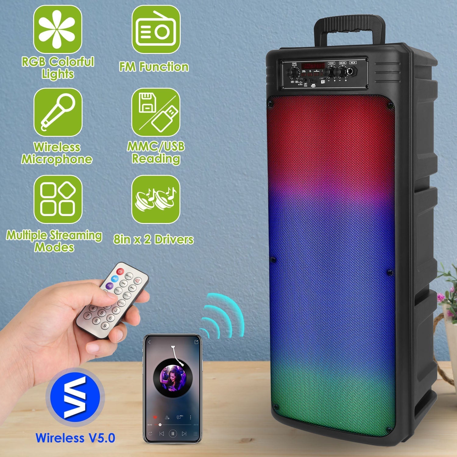 Portable Wireless Party Speaker Dual 8in Colorful Lights DJ PA System with TWS Function FM Radio USB MMC Card Reading Aux In Recording Function Wirele