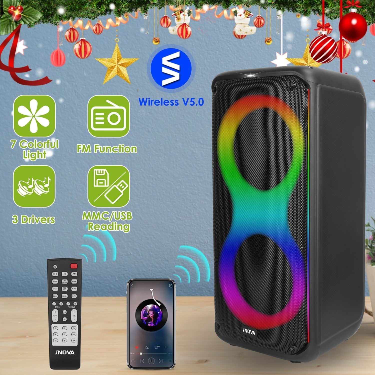 Portable Wireless Party Speaker with 7 Colorful Lights Remote Control Party Speaker with TWS Function FM Radio USB MMC Card Reading Aux In Recording F