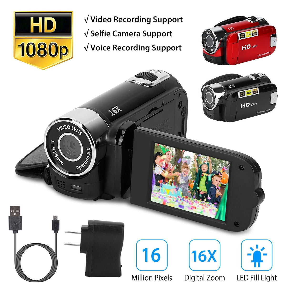 HD 1080P Digital Video Camcorder 2.7in 16X Zoom DV Camera 270¡ Rotation Rechargeable Kid Camera w/Fill Light Selfie