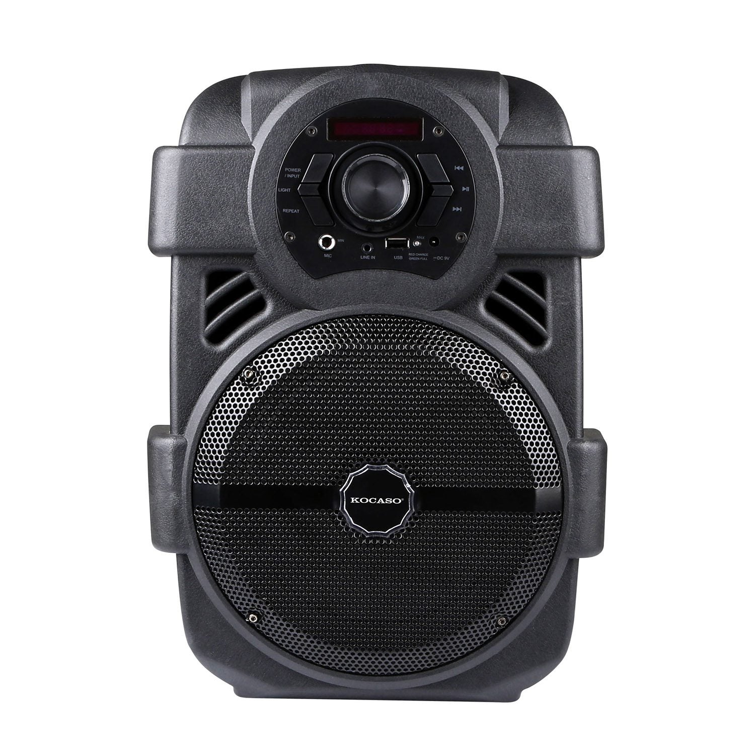 KOCASO Wireless Speaker Portable PA Karaoke System with 8" Subwoofer Sound System Wired Microphone w/ DJ Lights FM Remote Control