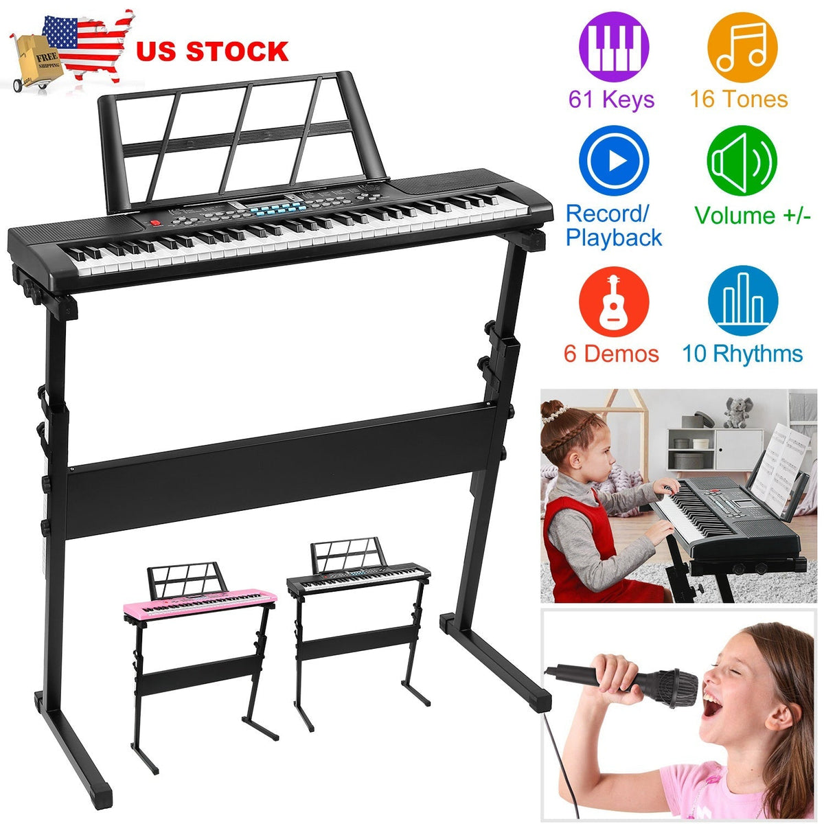 61 Keys Digital Music Electronic Keyboard Electric Musical Piano Instrument Kids Learning Keyboard w/ Stand Microphone For Beginners