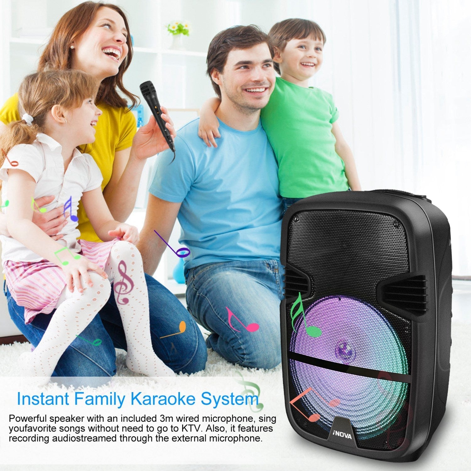 KOCASO Wireless Speaker Portable PA Karaoke System with 12" Subwoofer FM Radio Wired Microphone w/ DJ Lights FM Remote Control