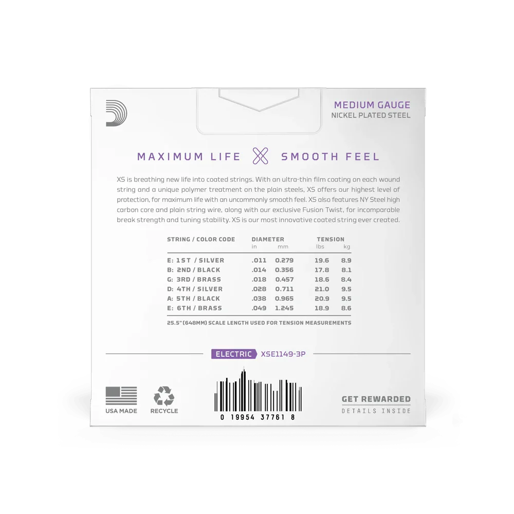 D'Addario XSE1149-3P XS Nickel Coated Electric Guitar Strings, 3-Pack (11-49 Medium)
