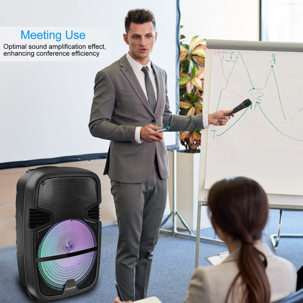KOCASO Wireless Speaker Portable PA Karaoke System with 15" Subwoofer FM Radio Wired Microphone w/ DJ Lights Remote Control