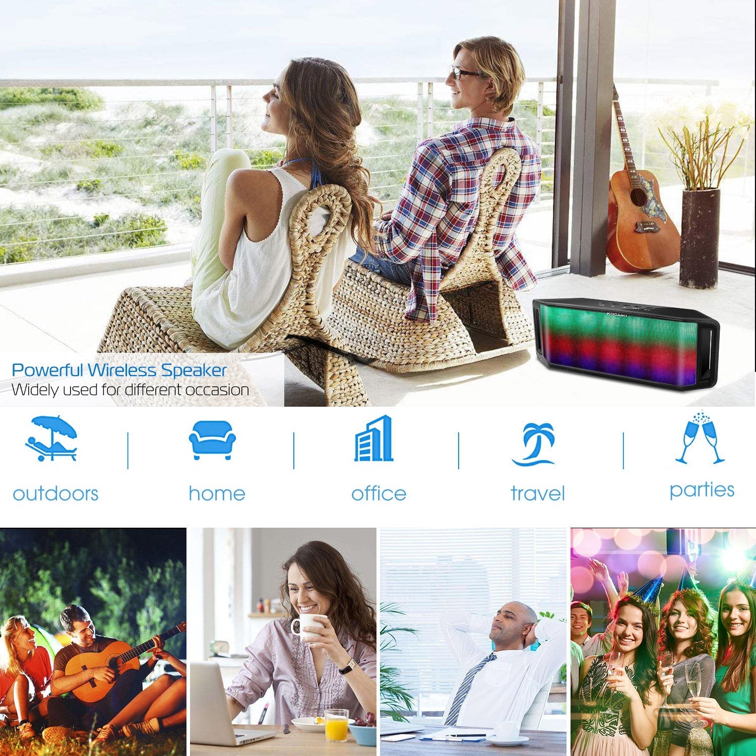 KOCASO LED Wireless Speaker Dynamic Multicolor Hands-free FM Radio USB MMC Reading Aux In for Party Camping Travel