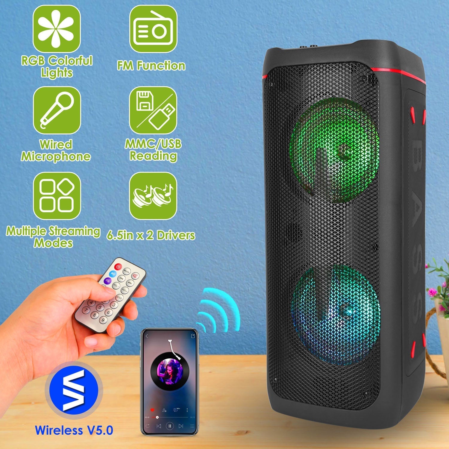 Portable Wireless Party Speaker RGB Colorful Lights DJ PA System with TWS Function FM Radio USB MMC Card Reading Aux In Recording Function Mic Priorit