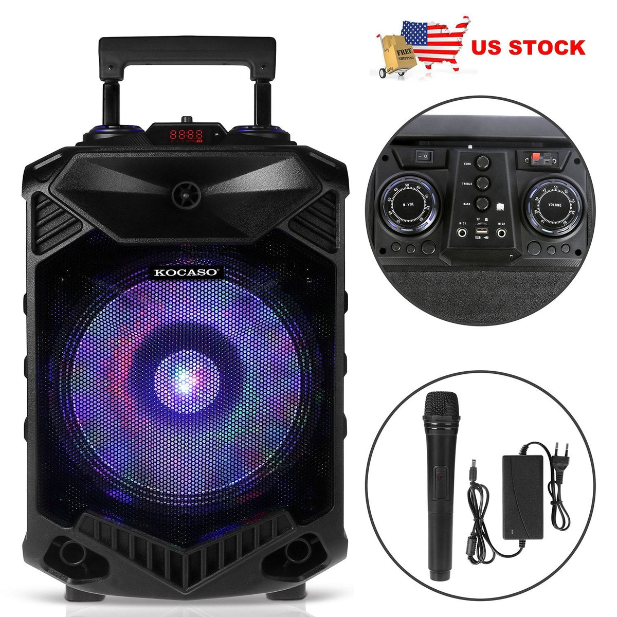 Wireless Party Speaker 12in Woofer Bass Party Speaker w/ Cordless Microphone FM Radio USB Reading MMC Car Slot Aux-In Flashing LED Colorful Lights