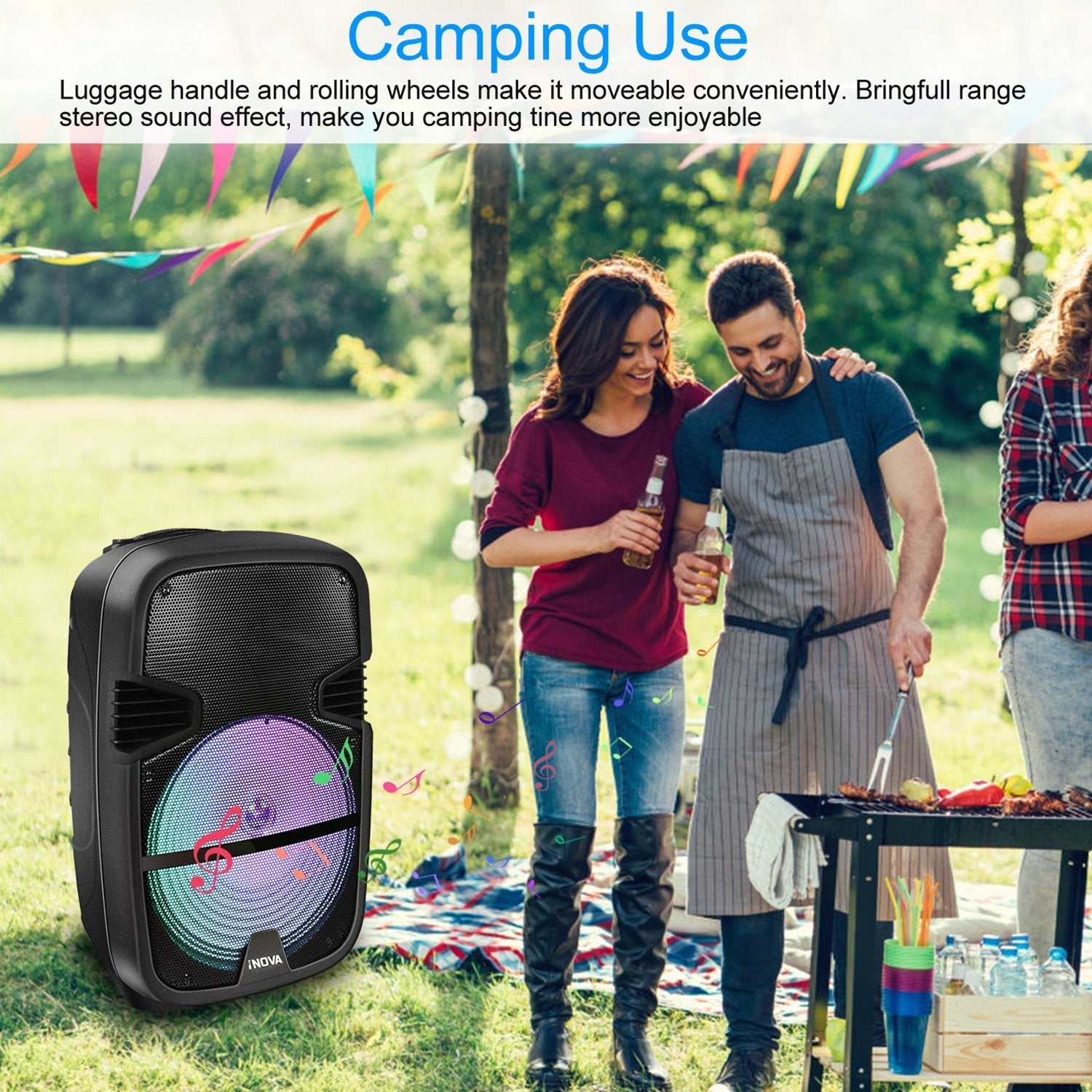iNOVA Wireless Speaker Portable PA Karaoke System with Wired Microphone 15" Subwoofer Sound System w/ DJ Lights Remote Control