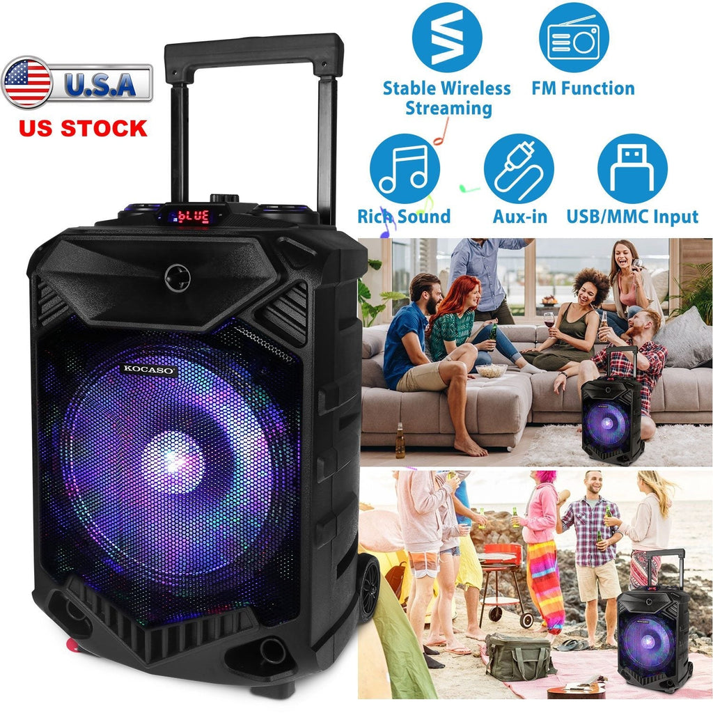 Wireless Party Speaker 12in Woofer Bass Party Speaker w/ Cordless Microphone FM Radio USB Reading MMC Car Slot Aux-In Flashing LED Colorful Lights