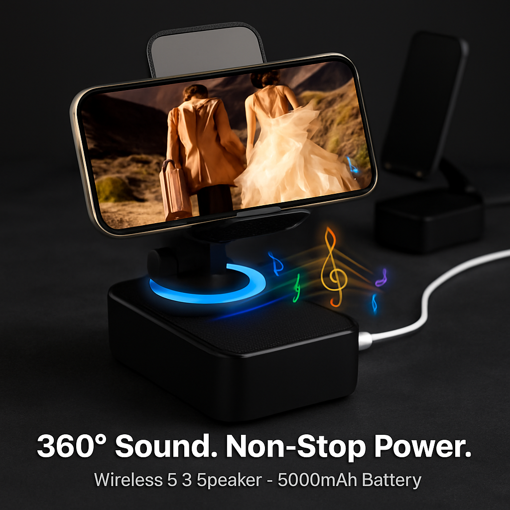 Foldable Wireless Speaker Phone Stand with Power Bank