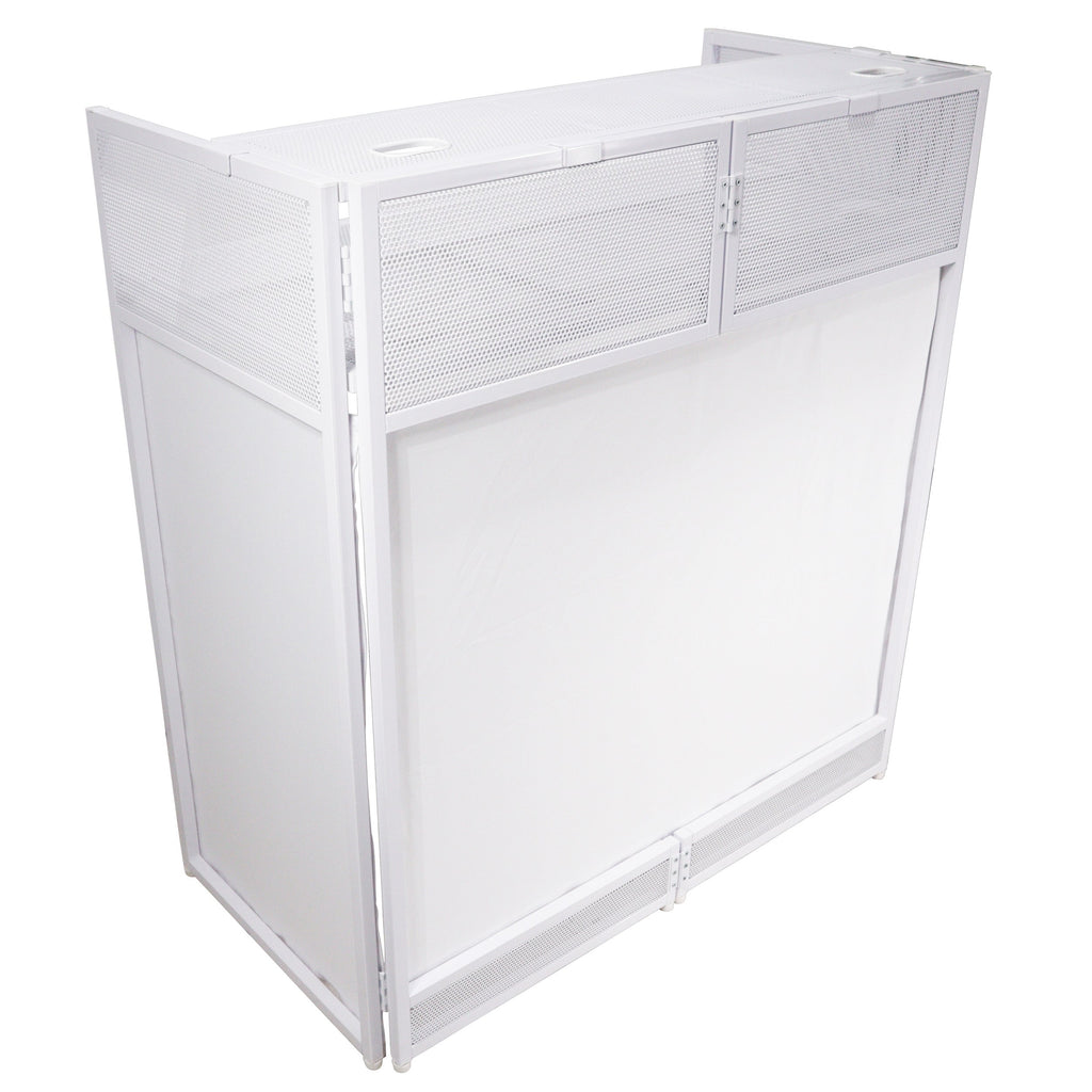 ProX XF-VISTAWHMK2 - VISTA DJ Booth Table Work Station with White Black Scrims and Carrying Bag White Frame