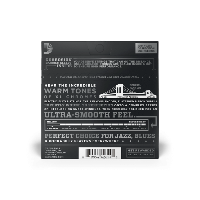 D'Addario ECG23PL XL Chromes Flatwound Electric Guitar Strings -10-48 Extra Light, Plain Third