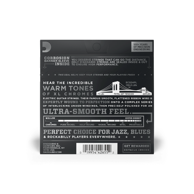 D'Addario ECG24PL XL Chromes Flatwound Electric Guitar Strings -11-50 Jazz Light, Plain Third