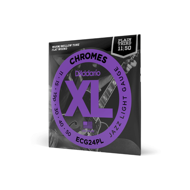 D'Addario ECG24PL XL Chromes Flatwound Electric Guitar Strings -11-50 Jazz Light, Plain Third
