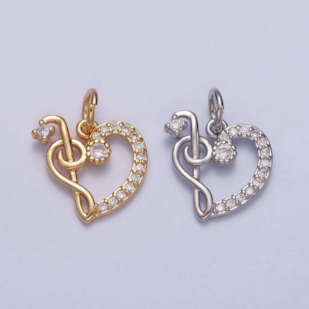 Micro Paved CZ Heart Musical Note G Treble Clef Charm in Gold & Silver | AC181