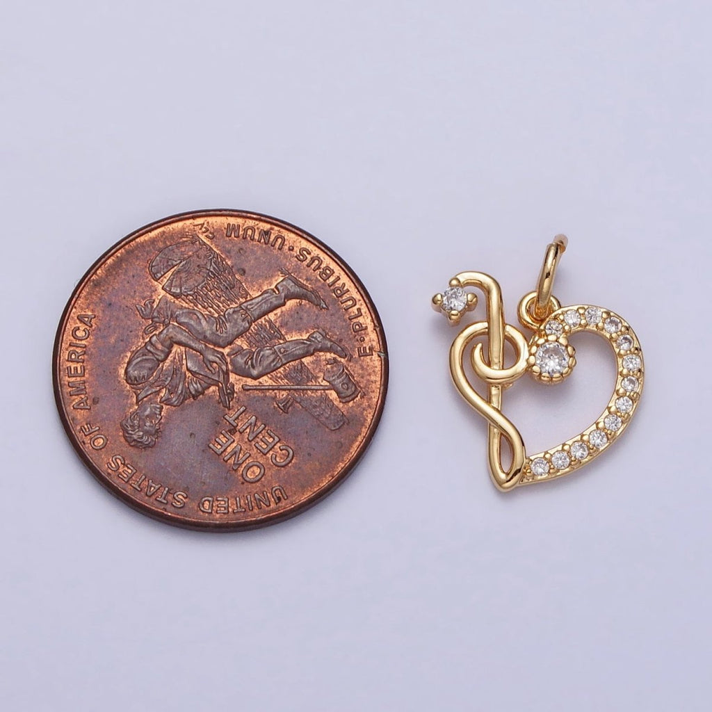 Micro Paved CZ Heart Musical Note G Treble Clef Charm in Gold & Silver | AC181