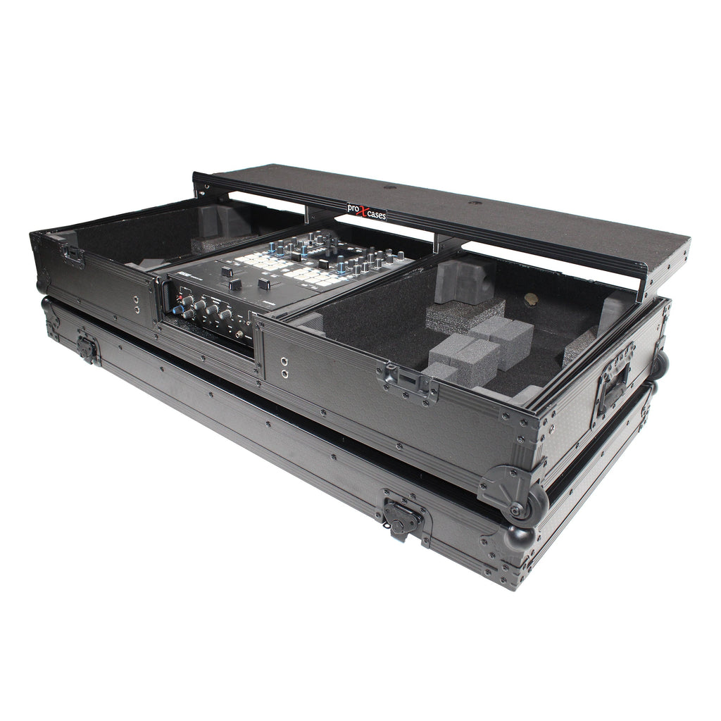ProX XS-TMC1012WLTFBTLBL - Flight Coffin Case For 12" Rane 72 Mixer and 2 Turntables in Battle Mode W/ Laptop Shelf and Wheels Black on Black
