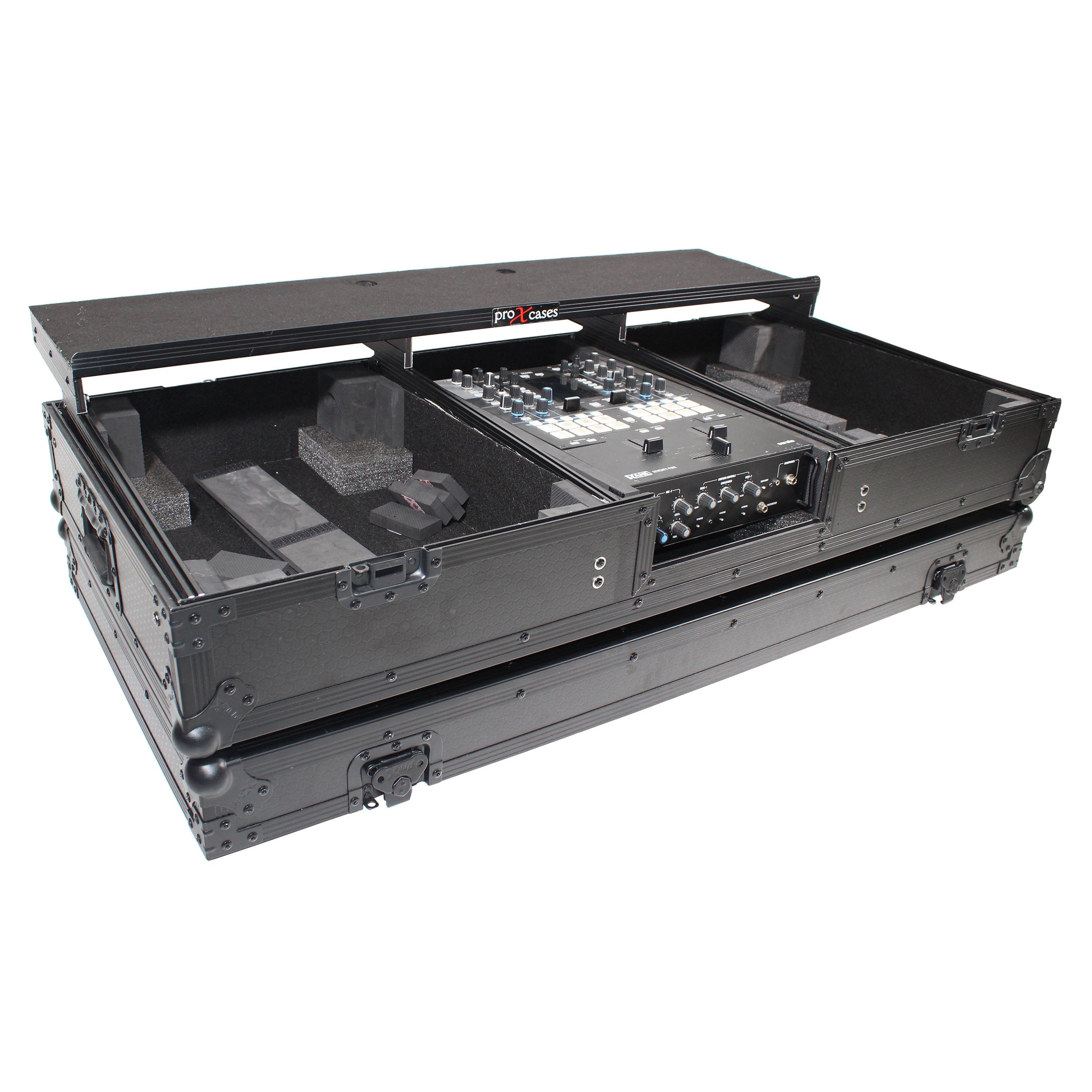 ProX XS-TMC1012WLTFBTLBL - Flight Coffin Case For 12" Rane 72 Mixer and 2 Turntables in Battle Mode W/ Laptop Shelf and Wheels Black on Black