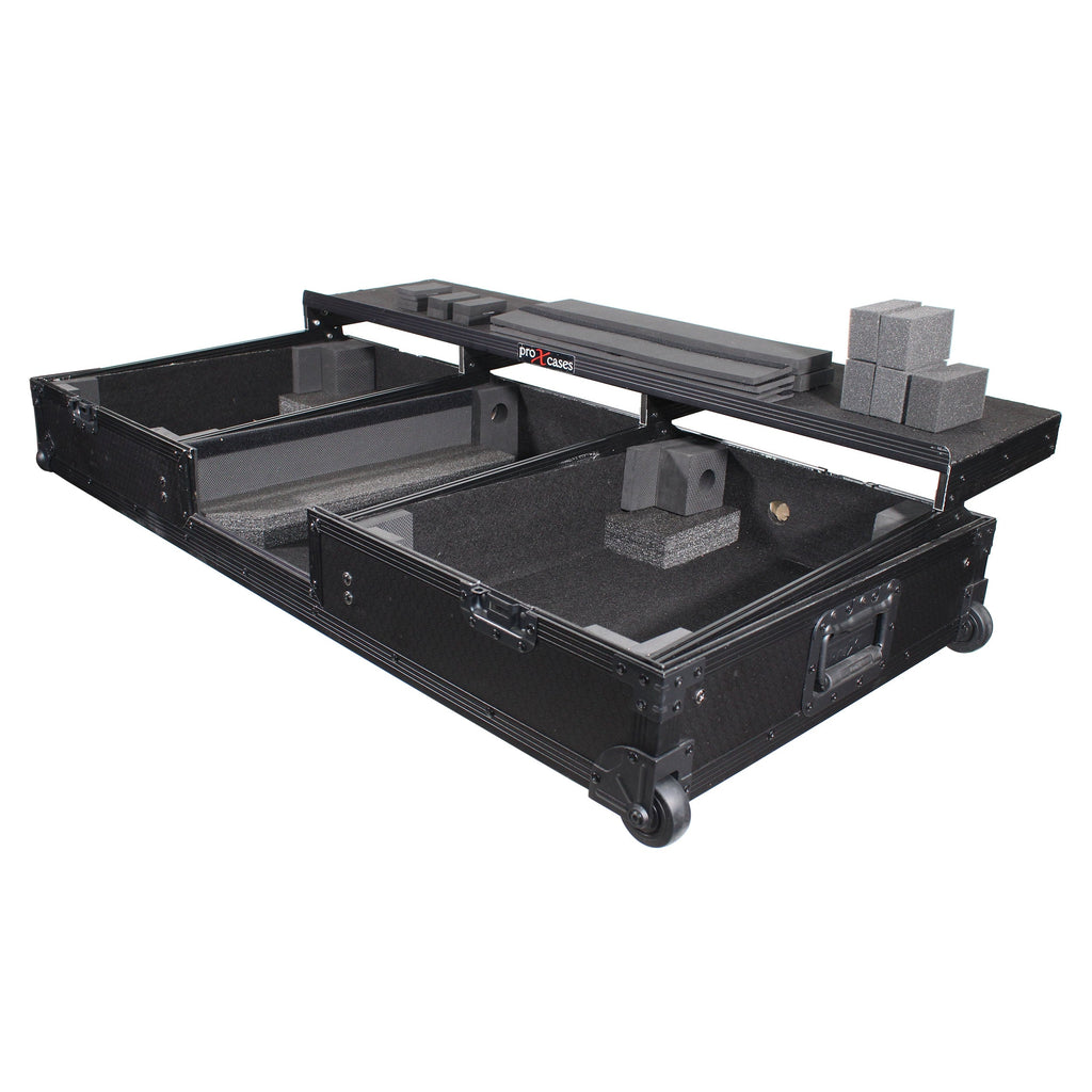 ProX XS-TMC1012WLTFBTLBL - Flight Coffin Case For 12" Rane 72 Mixer and 2 Turntables in Battle Mode W/ Laptop Shelf and Wheels Black on Black