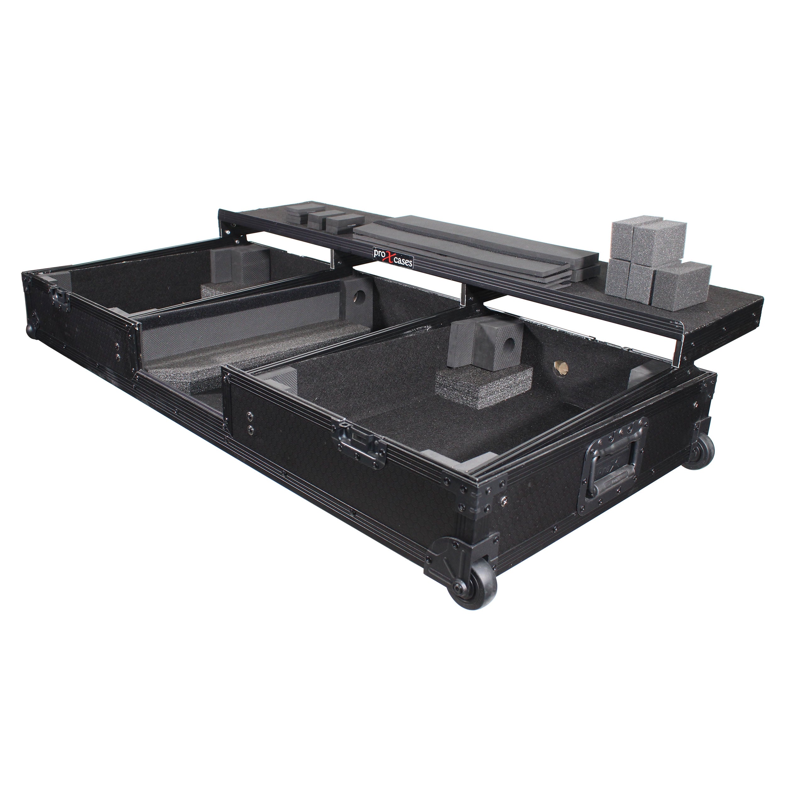 ProX XS-TMC1012WLTFBTLBL - Flight Coffin Case For 12" Rane 72 Mixer and 2 Turntables in Battle Mode W/ Laptop Shelf and Wheels Black on Black