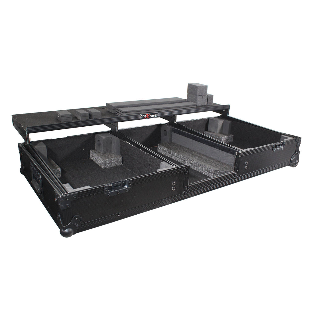 ProX XS-TMC1012WLTFBTLBL - Flight Coffin Case For 12" Rane 72 Mixer and 2 Turntables in Battle Mode W/ Laptop Shelf and Wheels Black on Black