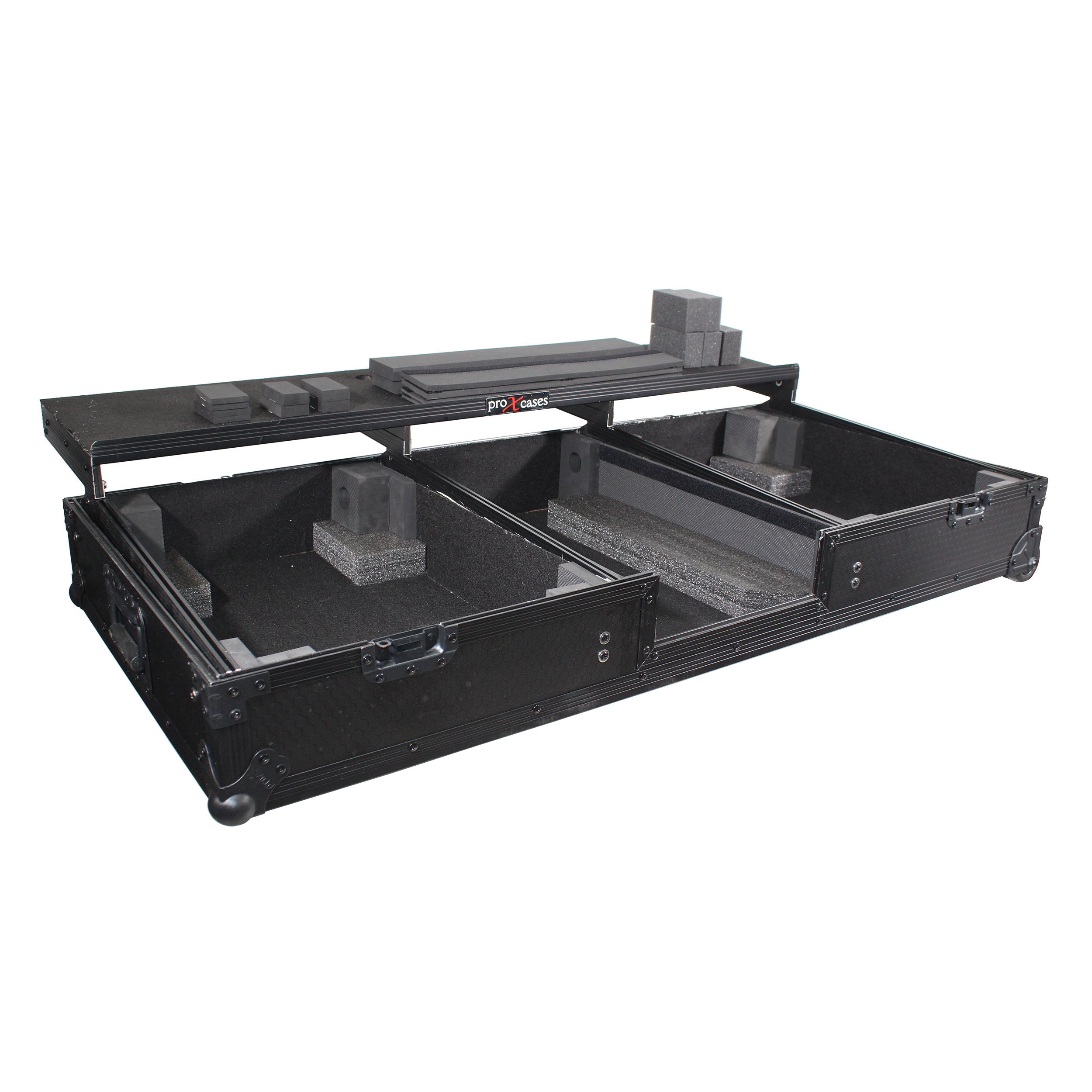 ProX XS-TMC1012WLTFBTLBL - Flight Coffin Case For 12" Rane 72 Mixer and 2 Turntables in Battle Mode W/ Laptop Shelf and Wheels Black on Black
