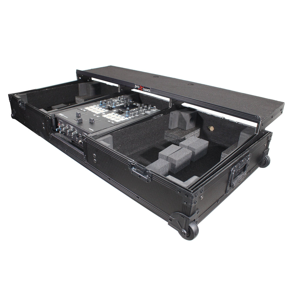 ProX XS-TMC1012WLTFBTLBL - Flight Coffin Case For 12" Rane 72 Mixer and 2 Turntables in Battle Mode W/ Laptop Shelf and Wheels Black on Black