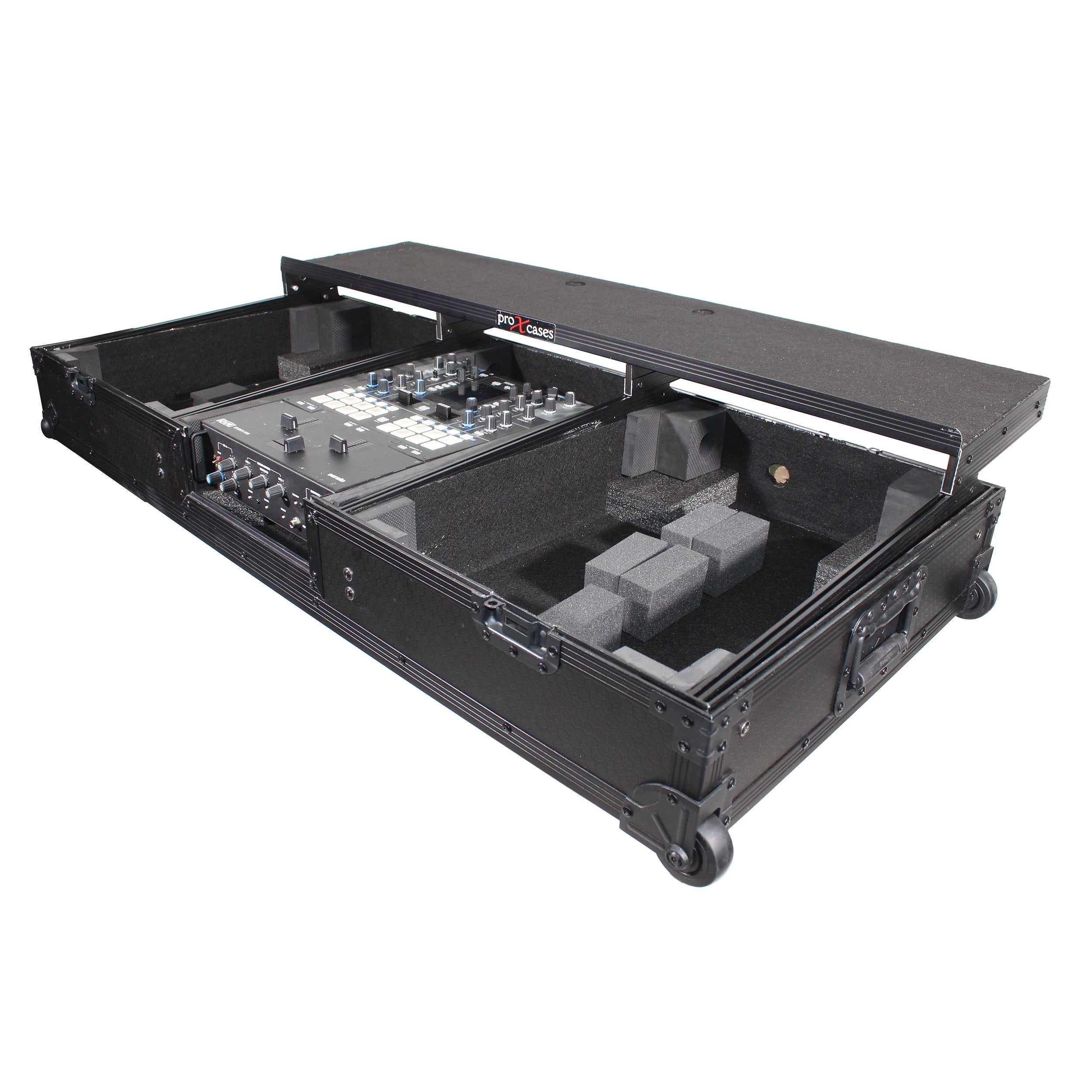 ProX XS-TMC1012WLTFBTLBL - Flight Coffin Case For 12" Rane 72 Mixer and 2 Turntables in Battle Mode W/ Laptop Shelf and Wheels Black on Black