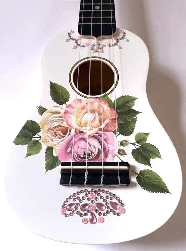 Rose Delight Ukulele | Hand Applied Design & Crystal Details