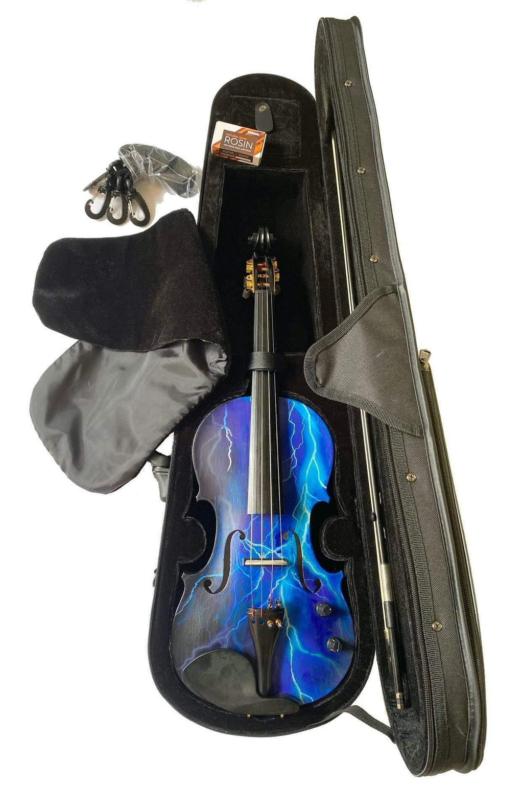 Electric Blue Lightning Violin | Electric-Acoustic with Machine Head Pegs & Carbon Bow