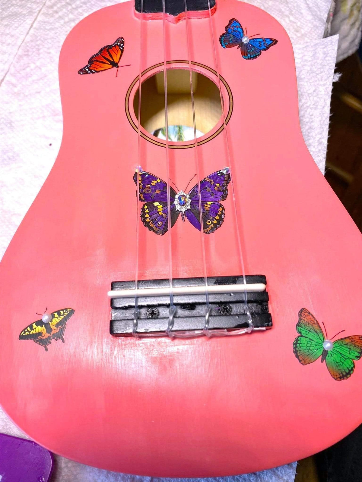 Rozanna's Butterfly Dream Ukulele | Hand Applied Artwork & Crystal Details