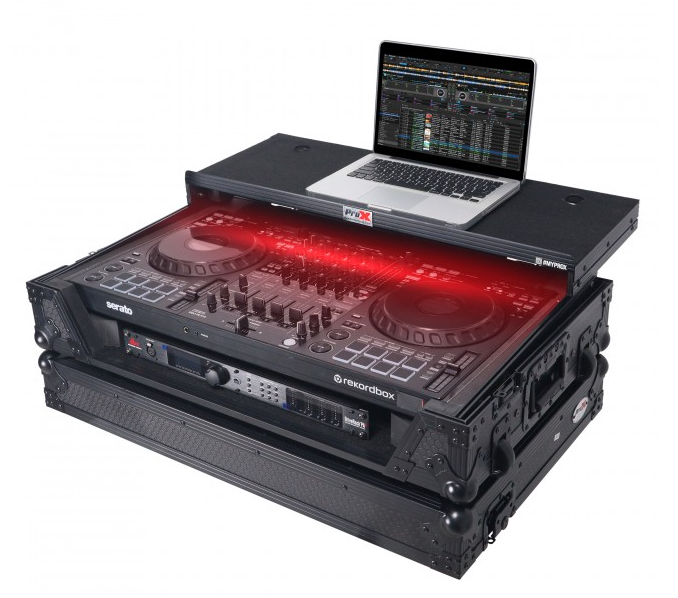 ProX XS-DDJFLX10WLTBLLED - ATA Flight Style Road Case For Pioneer DDJ-FLX10 or DDJ-GRV6 with Laptop Shelf 1U Rack Space Wheels and LED Black Finish