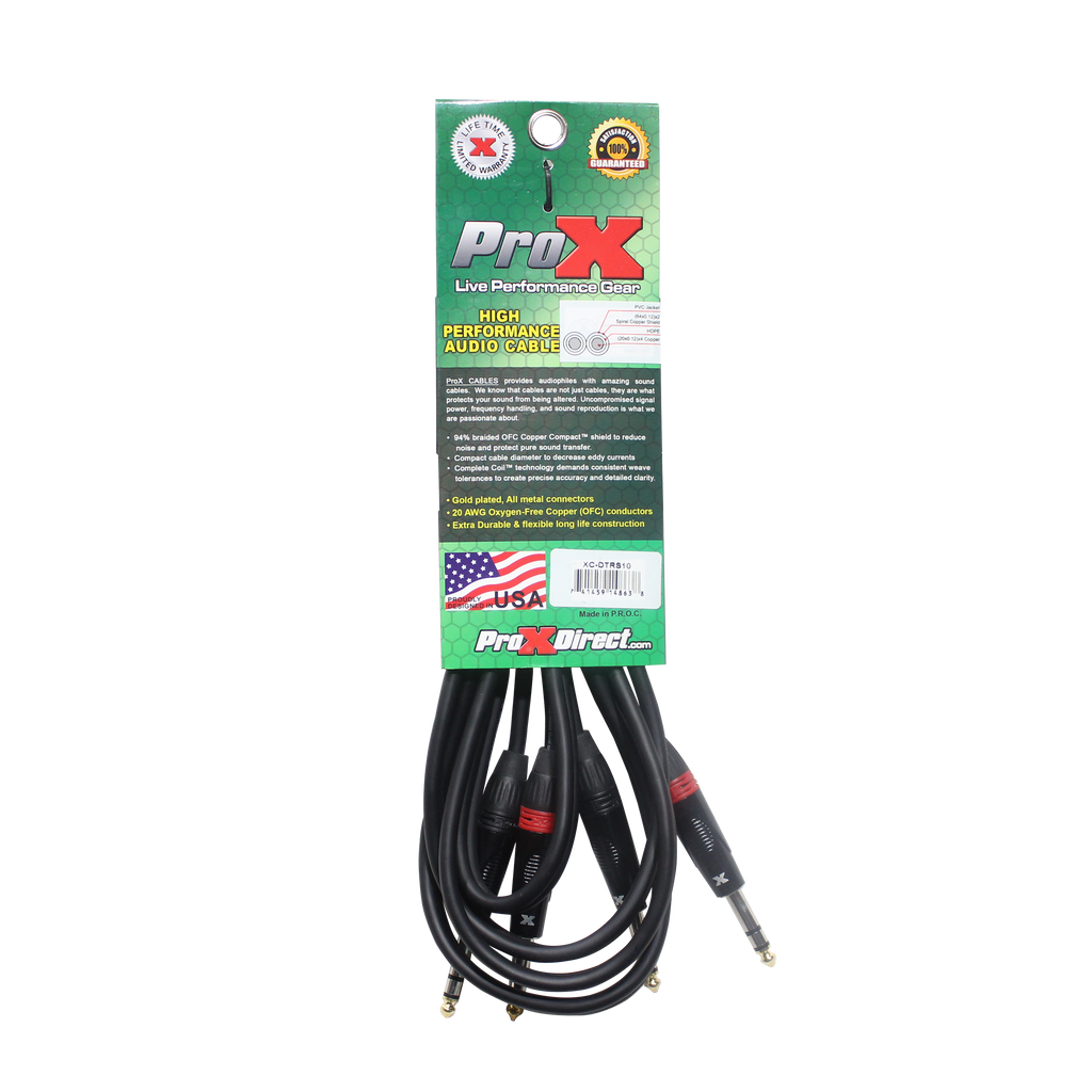 ProX XC-DTRS10 - 10 Ft. Balanced Dual 1/4" TRS-M to Dual 1/4" TRS-M High Performance Audio Cable