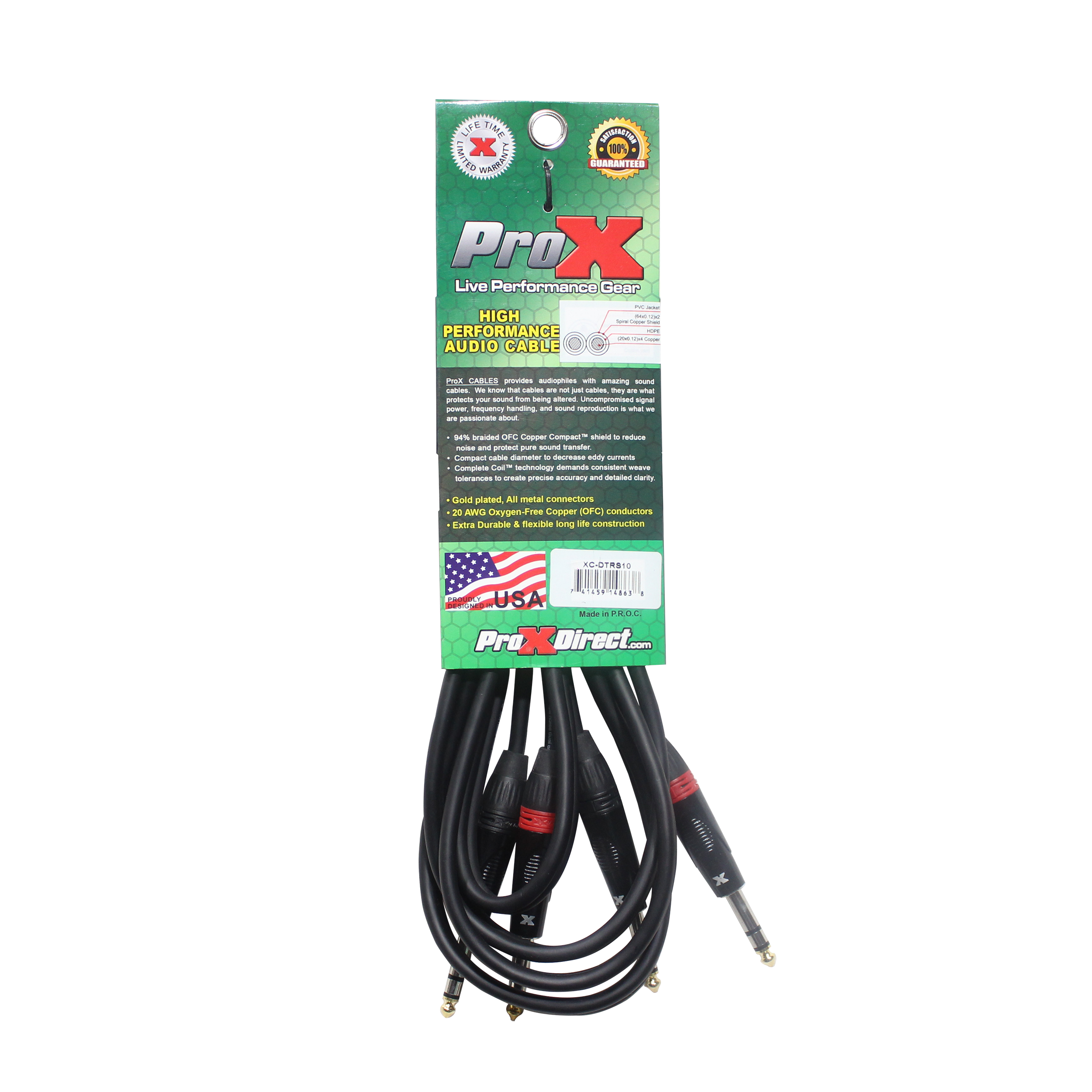 ProX XC-DTRS10 - 10 Ft. Balanced Dual 1/4" TRS-M to Dual 1/4" TRS-M High Performance Audio Cable