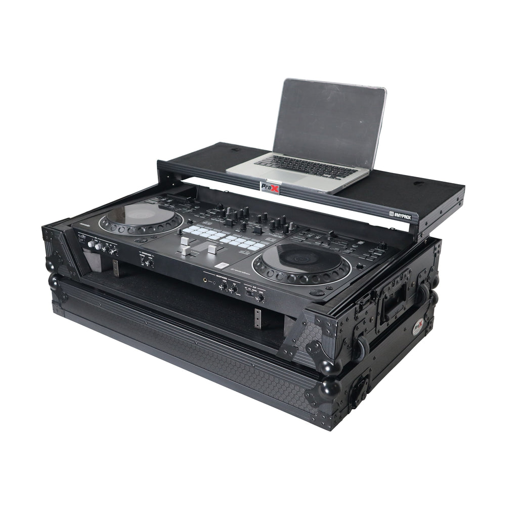 ProX XS-DDJREV5WLTBLLED - ATA Flight Style Road Case For Pioneer DDJ-REV5 DJ Controller with Laptop Shelf 1U Rack Space Wheels and LED Black Finish