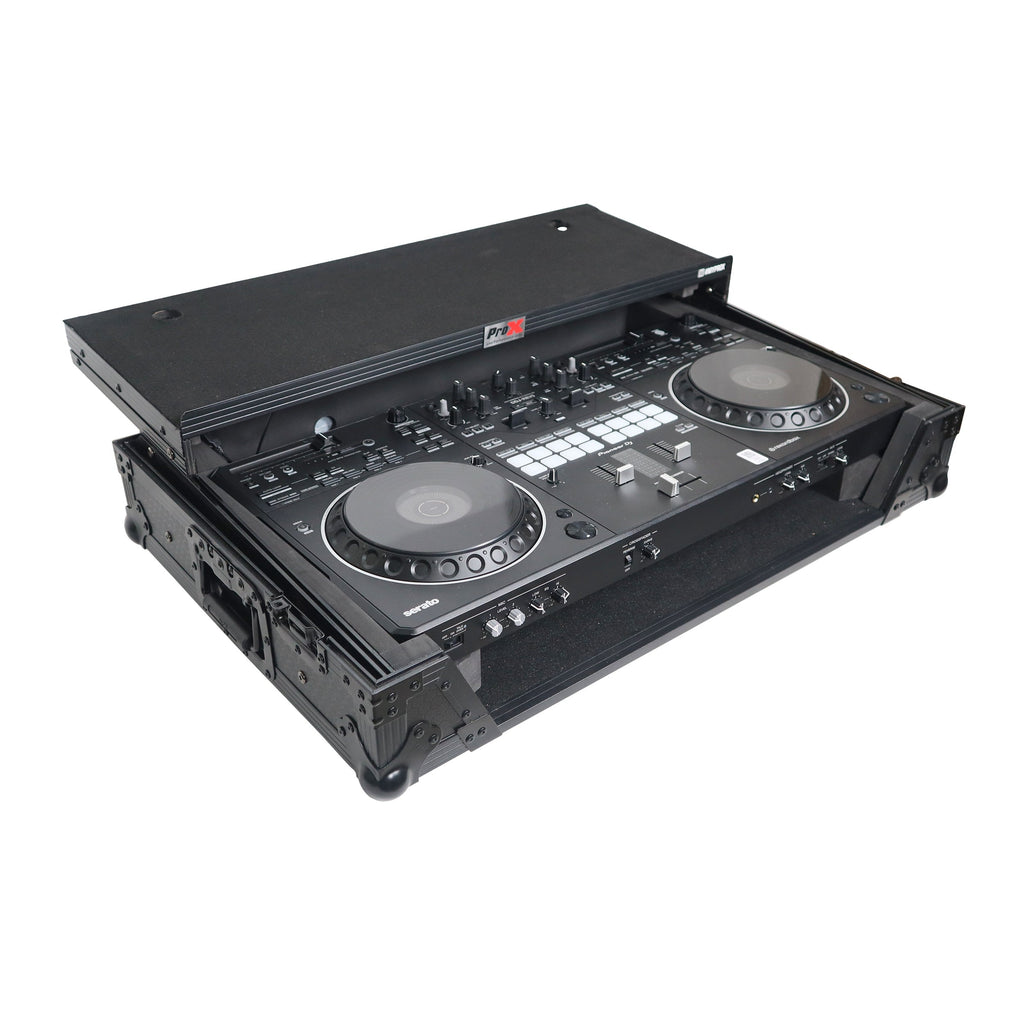ProX XS-DDJREV5WLTBLLED - ATA Flight Style Road Case For Pioneer DDJ-REV5 DJ Controller with Laptop Shelf 1U Rack Space Wheels and LED Black Finish